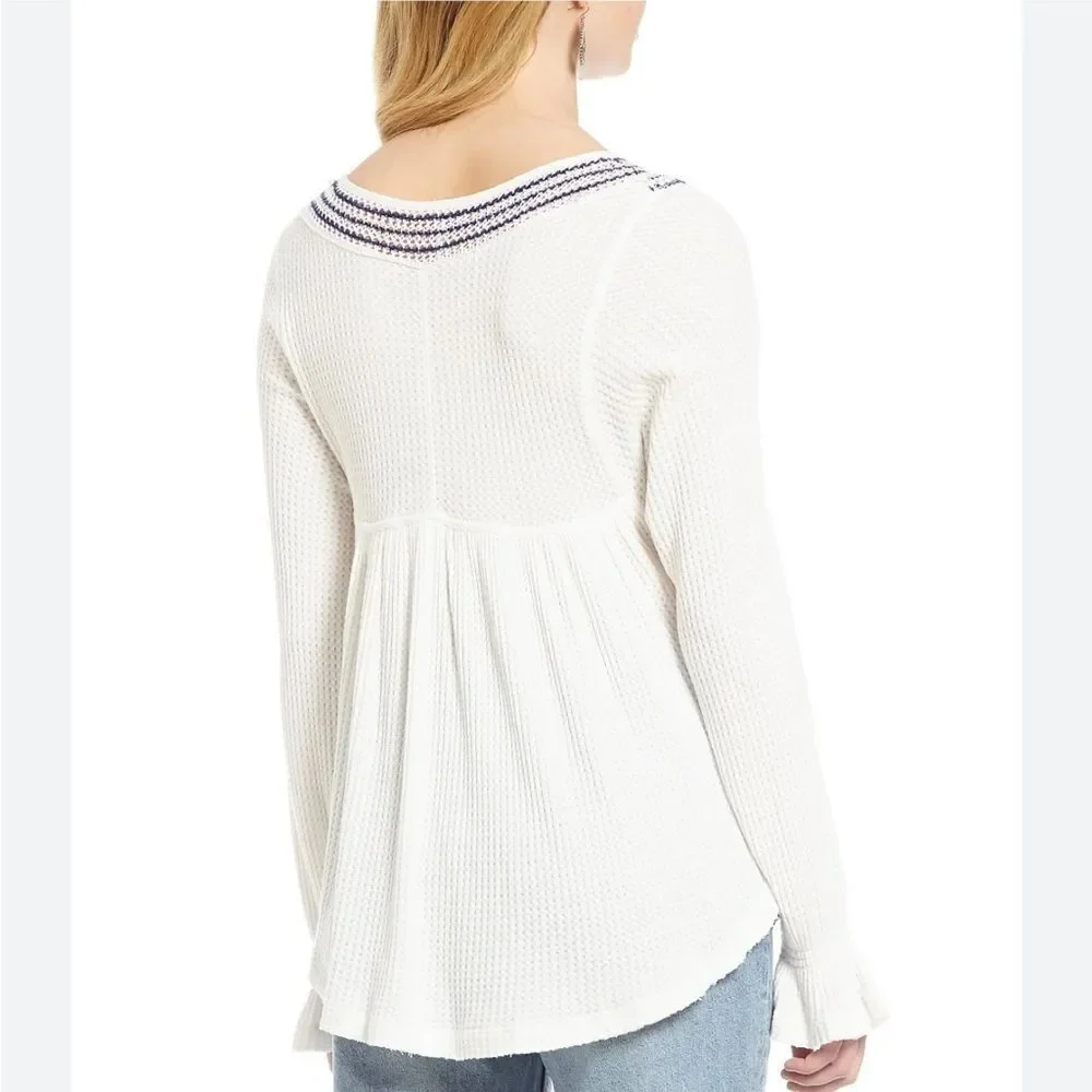 Free People Soul Mate Knit Hi-Lo Thermal Long Sleeve Top, Blue/White, Size Small